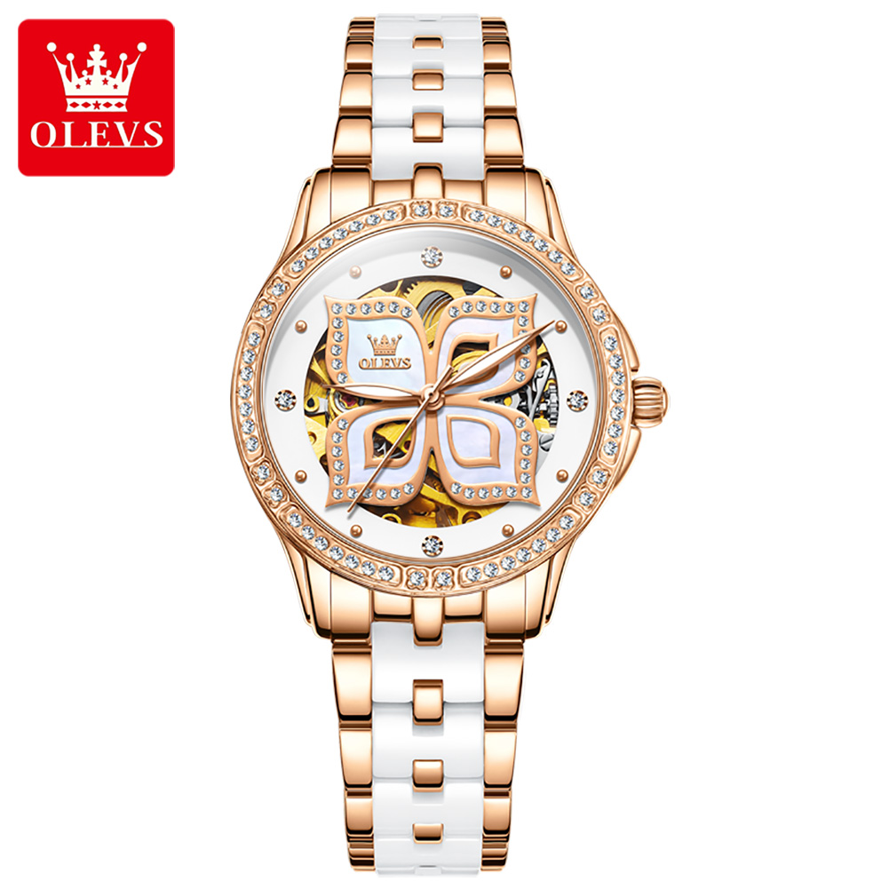 Skeleton Mechanical Watch - OLEVS Otomatik Kadın Kol Saati, Seramik